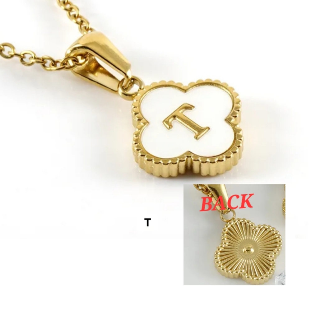 Gold Initial 'T' Clover Pendant Necklace - White & Gold